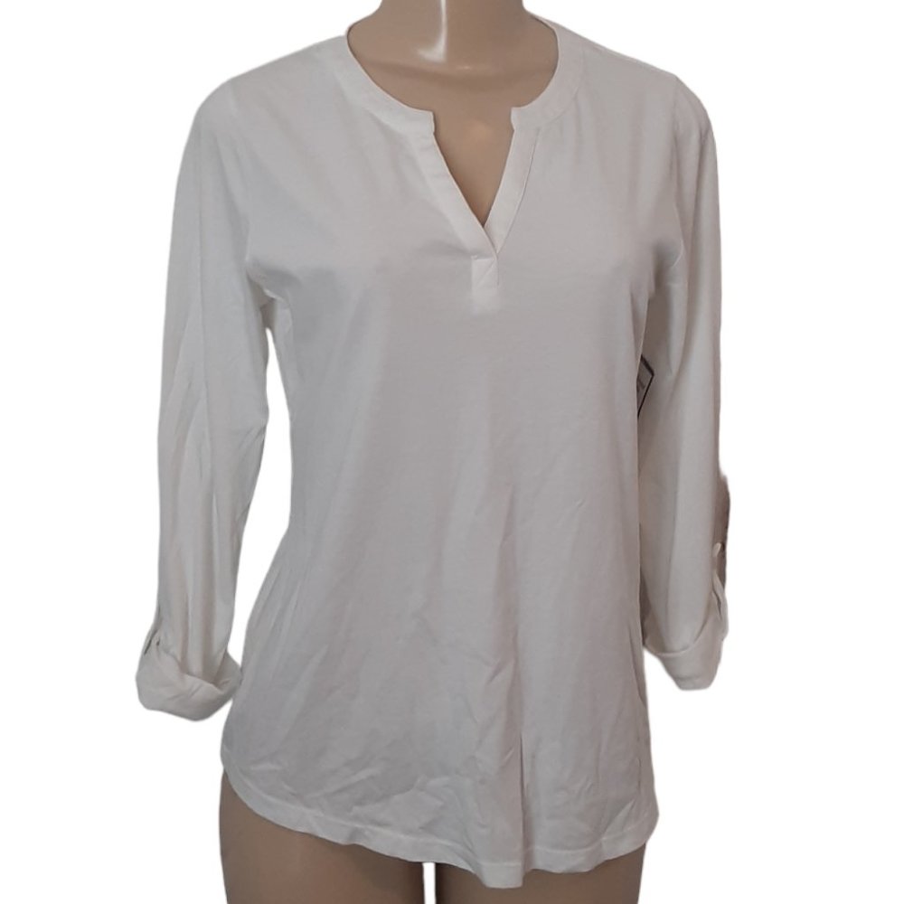 Charter Club Split Neck Bright White 100% Supima Cotton Top Roll Tab